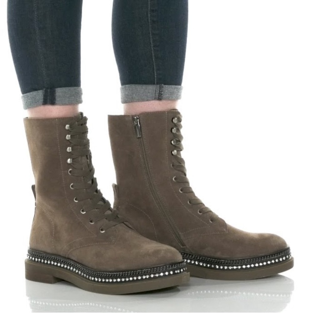 Vince Camuto Taupe Suede Combat Boots with Studded Sole